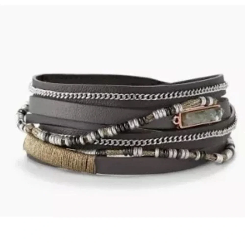 Stella &‎ Dots Yves Grey leather wrap Bracelet in original box